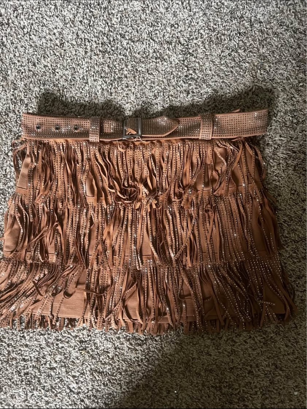Fringed Faux-Suede Mini Skirt with Studded Belt - Brown